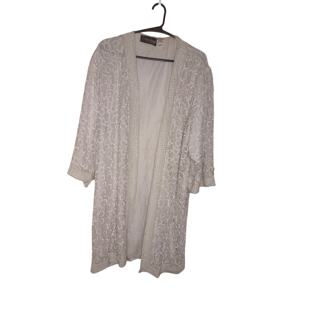 Vtg Kushi Kushi Ivory Heavily Beaded Pearl Open Duster Jacket Dressy Small Med